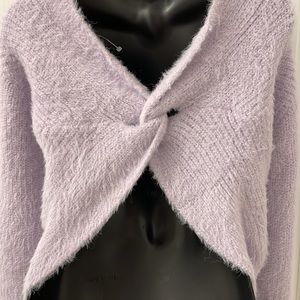 Soft mauve sweater with cross over in back pretty loose knit